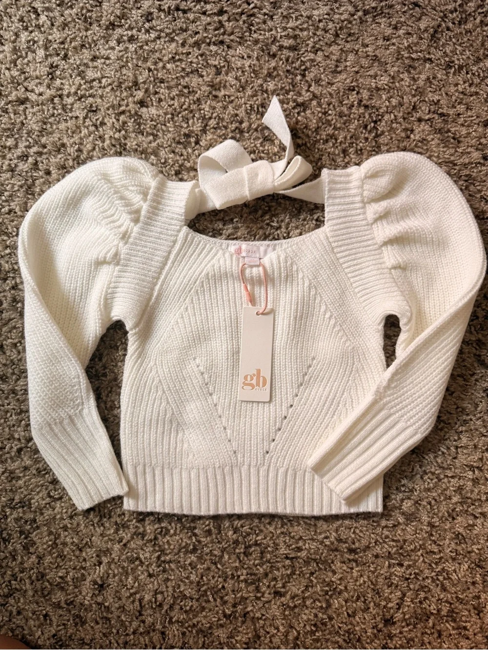 GB girls Cream Off-the-Shoulder Puff-Sleeve Knit Sweater